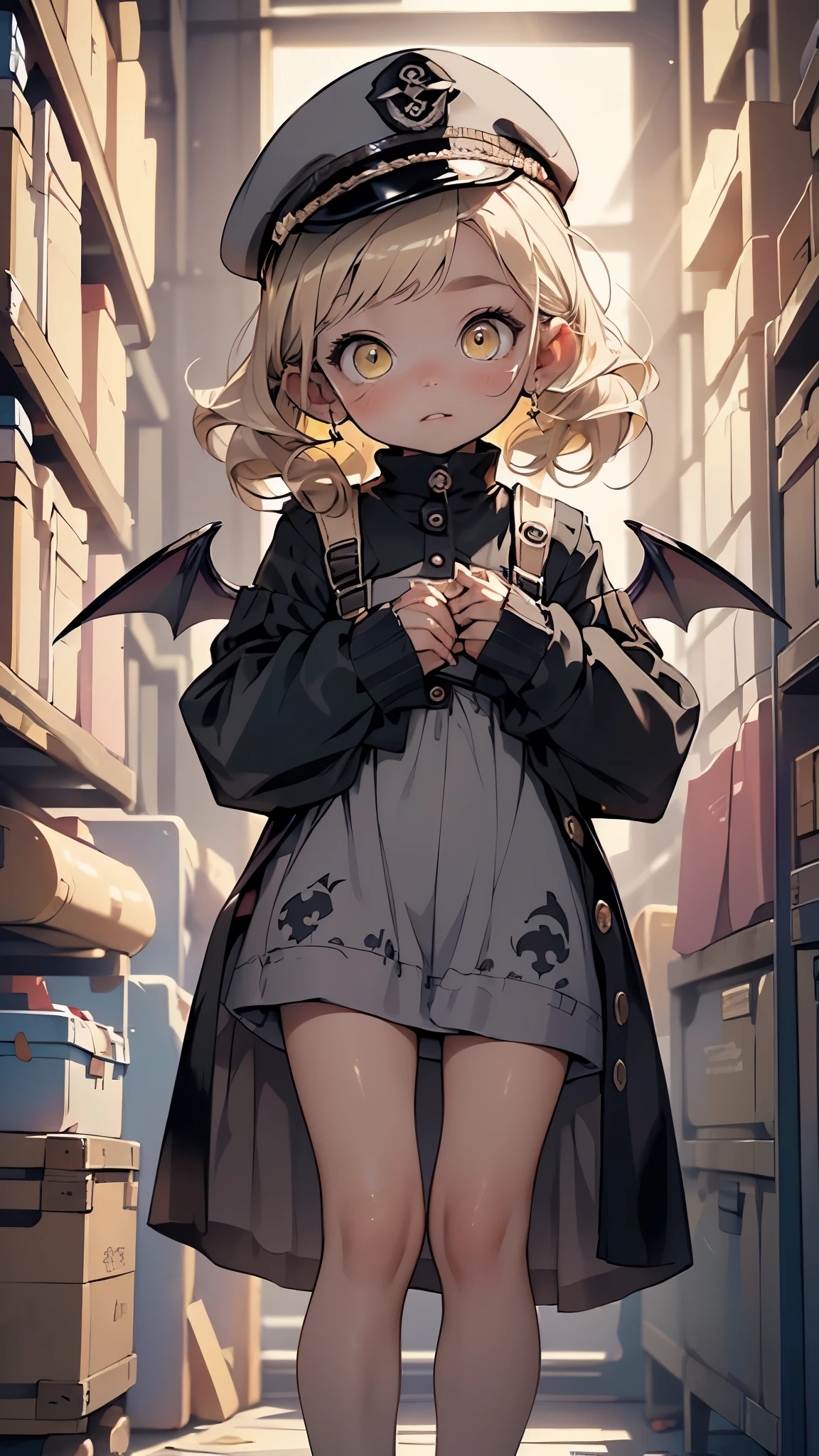 (((1 ddler:1.4))), (ba (round face), (little chest), (blonde hair,long hair), (((yellow_eyes:1.3))),(beautiful big eyes:1.3), intricate eyes,beautiful detailed eyes,symmetrical eyes,big eyes:1.5, extremely detailed cute anime face, clear pale blush, solo,🦄,🌈,kawaii,(((lustrous skin:1.5,tanned skin,bright skin: 1.5,skin tanned,shiny skin,very shiny skin,shiny body))),((nsfw)),((little loli,((small tiny body)),,((((6 years old)))),((flatshort stature,((demon horns,black horns)),((demon wings,black wings,low wings,)),
cute,((nsfw)),
((red armband)), ((sleeves past fingers:1.5,black coat, oversized coat:1.5,military coat,sleeves past wrists:1.5)), ((peaked cap:1.5)), ((pinafore dress:1.5,gray dress:1.5)), ((bare legs)),((bloomers,white bloomers)),(golden chain), ((yellow halo)), ((red ribbon)),((sidelocks)),
(flirtatious pose:1.3), looking at viewer,embarrassed,centered,scale to fit dimensions,Rule of thirds,
indoor((Nazi bunker,room, dark bunker, swastika,depths of a steampunk bunker)),scenery:1.25,((intricate scenery)),
(Glossy steampunk ornaments),highres,sharp focus,(ultra detailed,extremely detailed),(photorealistic artwork:1.37),(extremely detailed CG unity 8k wallpaper),(((vibrant colors,vibrant theme))),(intricate),(masterpiece),(best quality),artistic photography,(photography taken by sldr),(intricate background),perfect rendered face,perfect face details,realistic face,photo realistic,((intricate detail)),(((realism))),
