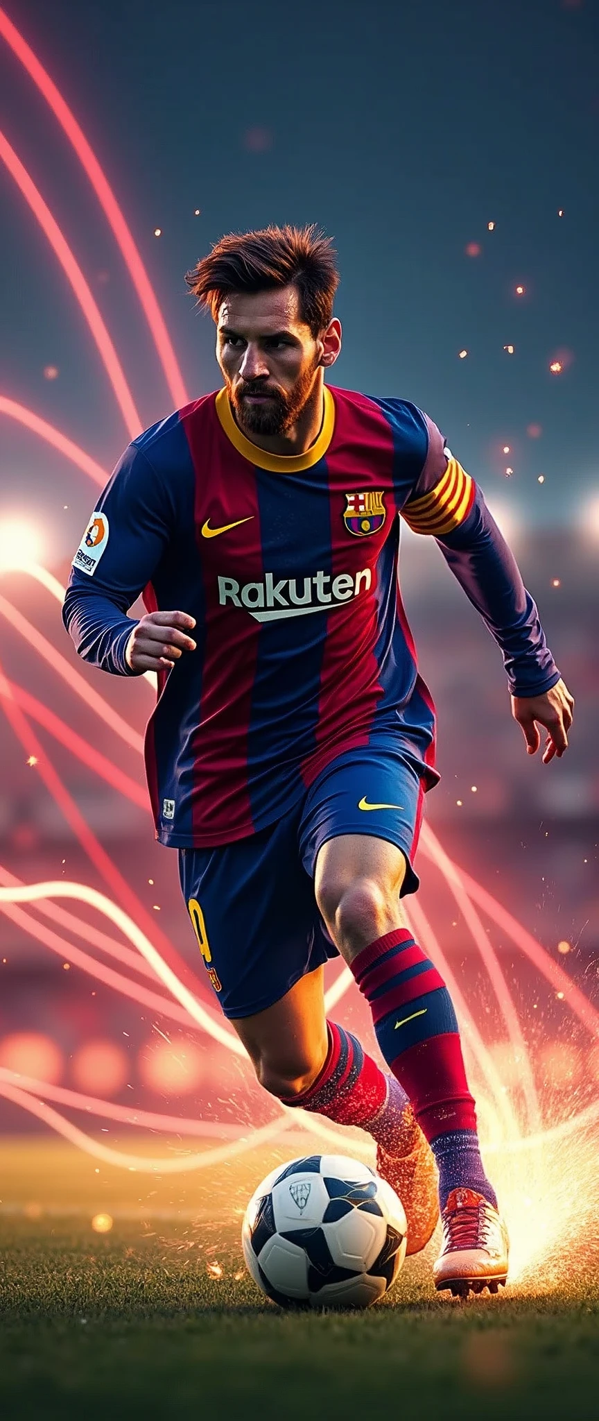 masterpiece,Highest quality,(Ultra-high definition CG Unity 8K wallpaper),(Highest quality),(Best illustrations),(Best Shadow),Physical Rendering,Realistic lighting,Beautiful sparkle,(1 male:2.0),(soccer player,Lionel Messi),(FC Barcelona uniforms:2.0),(High Speed Dribble:1.5),(front),(whole body),(Serious),(Detailed hands),(Expressing a sense of speed:2.0),(The background shows the light trails left by the athletes.:2.0),(dynamic)