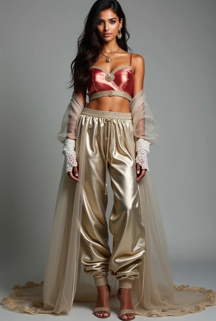 ultra-detailed reference image of the highest quality, gray background, front shot, arab-indian woman as beautiful as the miss universe,
She's wearing: metallic crimson satin indian sari top, translucent light iridescent jodhpurs harem pants, sparkling seethrough golden lamé see-through floor-length gold lamé skirt, shimmering light gray silk open robe over her clothes, She's wearing open-toe high heeled sandals,
She's wearing intricate sheer white lace bridal gauntlets.