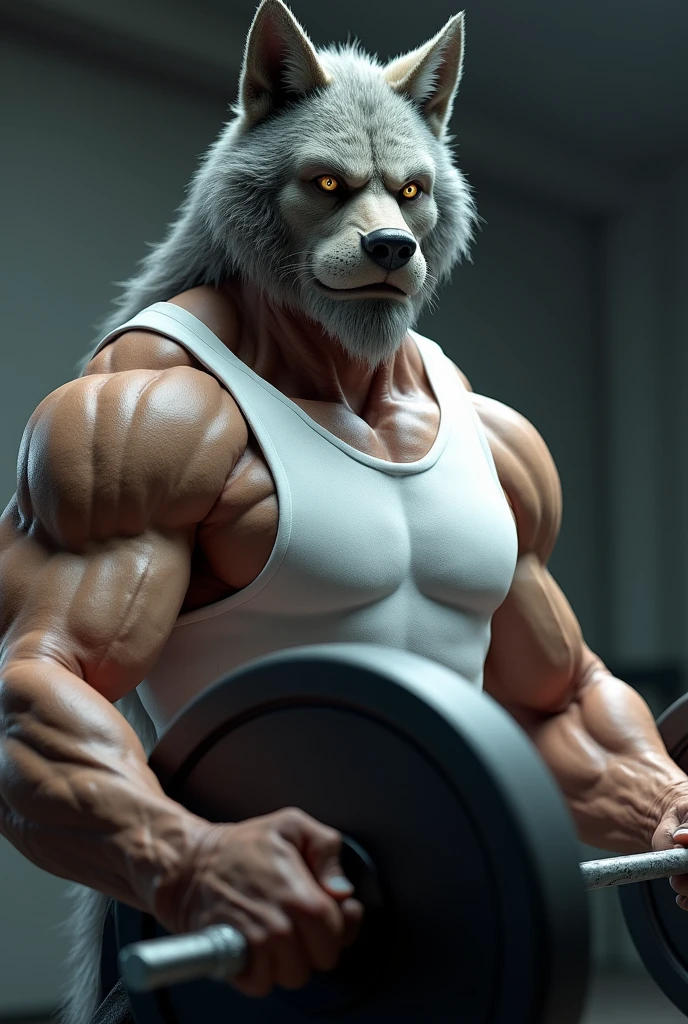 muscular velues as the king levantando peso de academia, normal expression, sheen, velues, an anthropo (Light gray wolf), one year, a muscular old man, facial hair, extremely detailed muscle, detailed Face, Face, detailed eyeballs, eyeballs, Pose dinânica, detailed muscle, realistic rendering, CG realistic, realistic 3D, fot, fund, White tank top