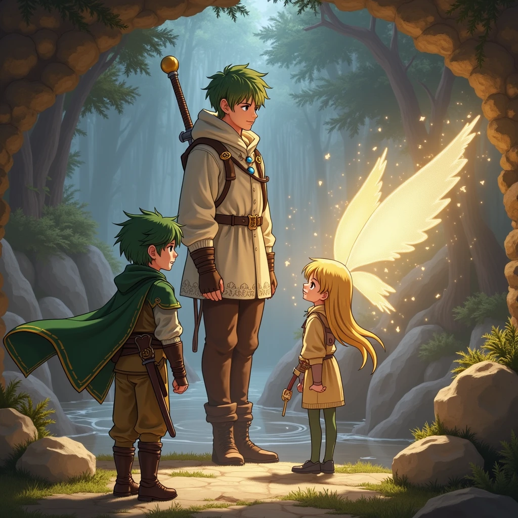 Riku: 16 years old〜18-year-old、Short green hair、Green Cape（Button in the center）、Off-white clothing、Brown trousers（The hem is not rolled up）、Brown boots、right handed、The sword is sheathed at the waist。
Fio: A small, cute human-shaped fairy、Shining gold。
シーンの描写
RikuとFioが精霊の泉に辿り着き、Fioが金色の光を放ちながらRikuの前に浮かんでいる様子。Rikuは泉を背景に立っており、Fioに向かって穏やかな表情で見つめています。Rikuは右足を前に出して歩くようなポーズで描かれています。In the background、There is a spring with a mysterious atmosphere.、The surrounding area is surrounded by lush nature.。