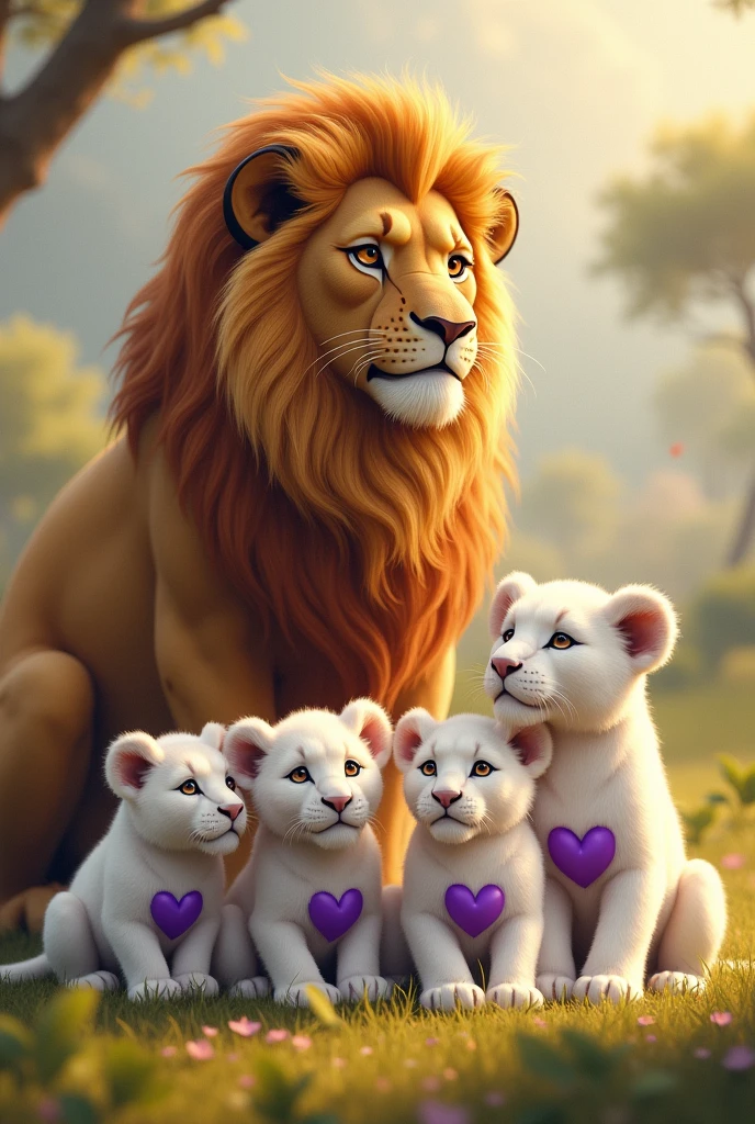 A Lion plus a lioness and 5 white lion cubs with purple hearts 