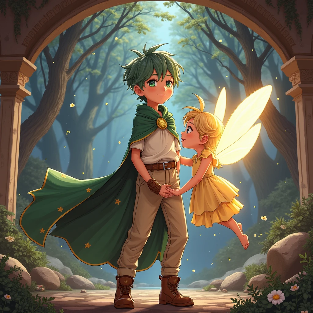 Riku: 16 years old〜18-year-old、Short green hair、Green Cape（Button in the center）、Off-white clothing、Brown trousers（The hem is not rolled up）、Brown boots、right handed、The sword is sheathed at the waist。
Fio: A small, cute human-shaped fairy、Shining gold。
シーンの描写
RikuとFioが精霊の泉に辿り着き、Fioが金色の光を放ちながらRikuの前に浮かんでいる様子。Rikuは泉を背景に立っており、Fioに向かって穏やかな表情で見つめています。Rikuは右足を前に出して歩くようなポーズで描かれています。In the background、There is a spring with a mysterious atmosphere.、The surrounding area is surrounded by lush nature.。