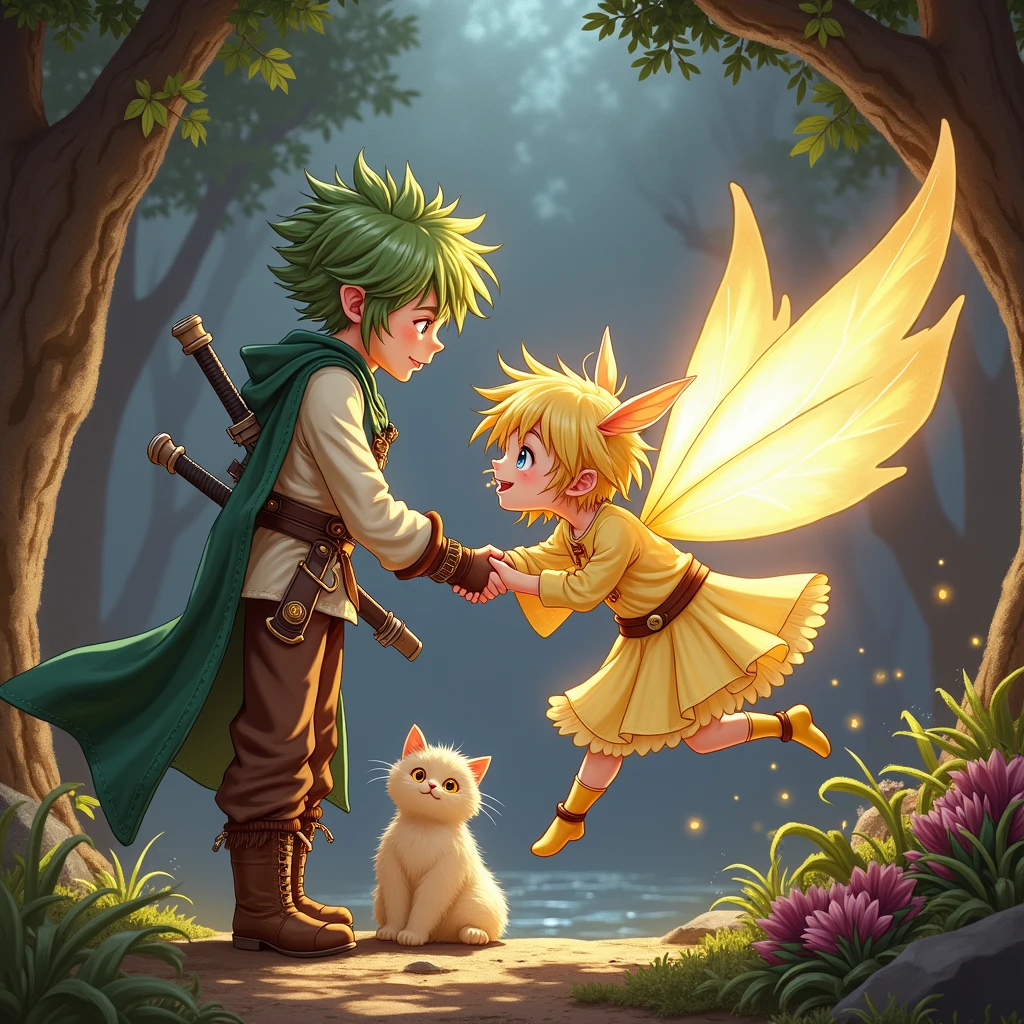Riku: 16 years old〜18-year-old、Short green hair、Green Cape(Button in the center)、Off-white clothing、Brown trousers(The hem is not rolled up)、Brown boots、right handed、The sword is sheathed at the waist。
Fio: A small, cute human-shaped fairy、Shining gold。
シーンの描写
RikuとFioが精霊の泉に辿り着き、Fioが金色の光を放ちながらRikuの前に浮かんでいる様子。Rikuは泉を背景に立っており、Fioに向かって穏やかな表情で見つめています。Rikuは右足を前に出して歩くようなポーズで描かれています。In the background、There is a spring with a mysterious atmosphere.、The surrounding area is surrounded by lush nature.。