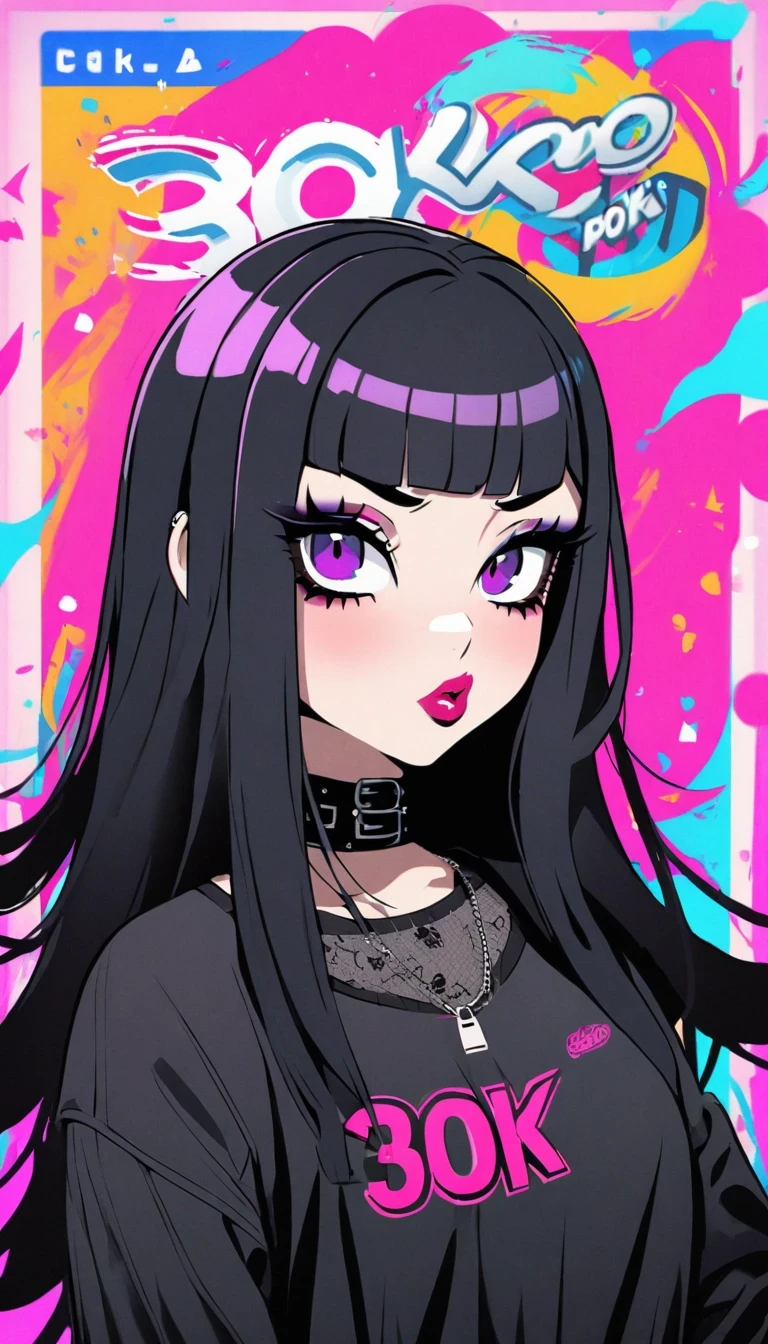 very tired goth woman, beautiful, beautiful background, beautiful woman, pop style, saying 30k likes in background 