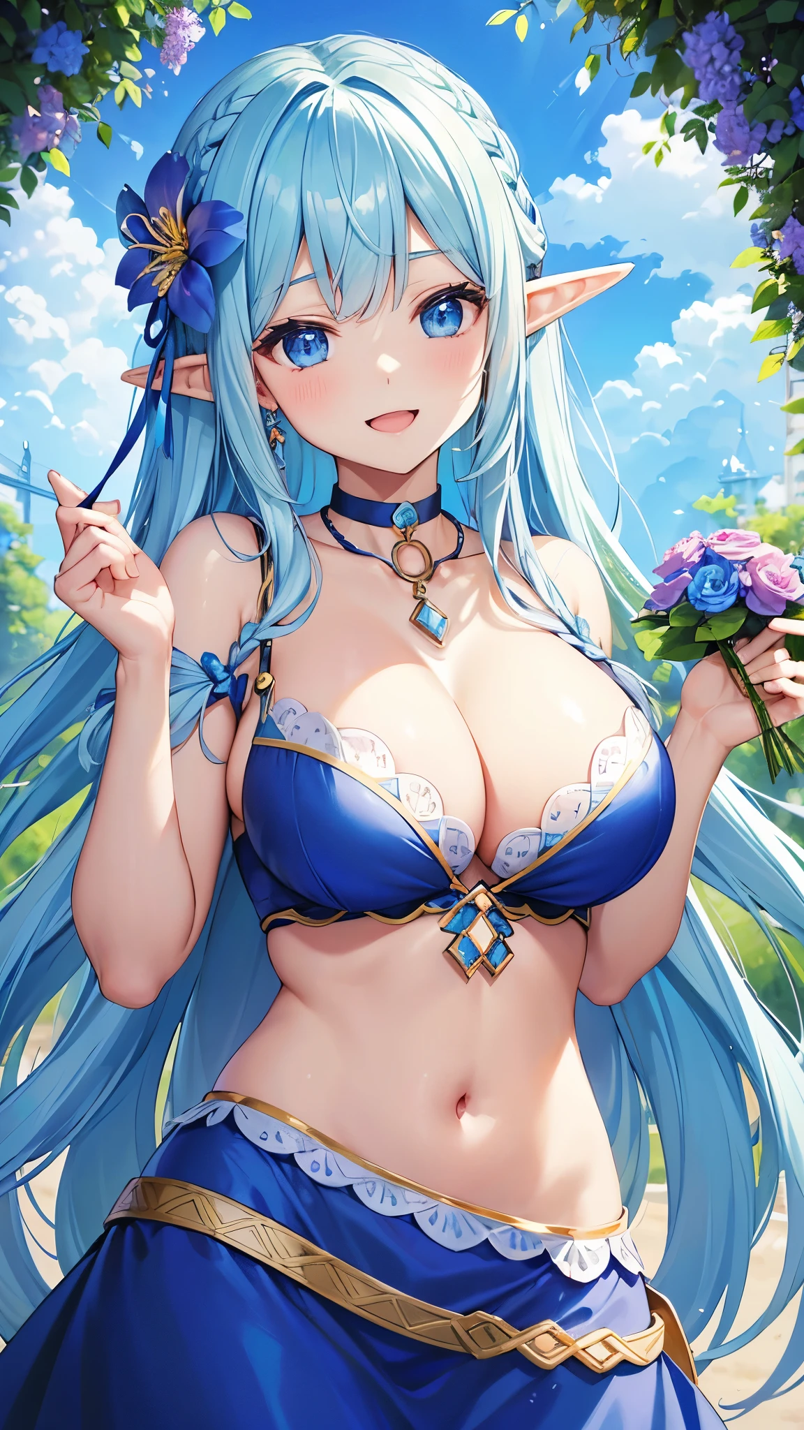 Highest quality、Highest quality、masterpiece、(8k resolution),beauty(Age 25)、(Mature Appearance)、Light blue long hair(Braiding of the sides)、blue eyes、(細かいflower柄の刺繍が施されたライトブルーの下着、good)、(Elf)、Big cleavage、((Super big on the verge of bursting))、smile、blue necklace、Blue Earrings、background(flower)、Please open your mouth wide、goodcelet、Dynamic pose、Blue choker、