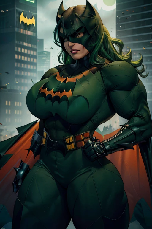 (((Close-up))), tall, (green hair) beautiful muscular woman, long curvy hair, brown skinned, closed smile, large breast, (black lipstick), (massive muscles), (hyper muscle), ((ginormous bulky muscles)), orange eyes, ((((green batwoman suit)))), (((Batwoman pants with belt))), gauntlets, choker, boots, (in gotham city)