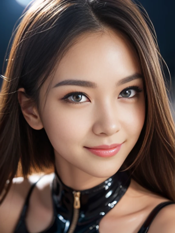 Latex bodysuit、Knee-high boots、Huge 、Long brown hair、Shiny, Oily skin、Glowing Skin、Indoor competition pool、White skin、 Body Portrait, 8k, Narrow and beautiful eyes, Dindal effect, masterpiece, 最high quality, high quality, High resolution, Very detailed photos, (Natural skin texture, Fine skin, Hyperrealism, Ultra Sharpness) , Skin with attention to detail, (Very fine, Fine skin texture, Intricate details, Beautiful Face, (A vivid face), Realistic eyes, Beautiful and detailed, Realistic Skin, Beautiful Skin, surreal, Very detailed, Golden Ratio, Smiling Eyes, ((Night moonlight background)), Body Portrait, glamorous, Shiny Bodysuit