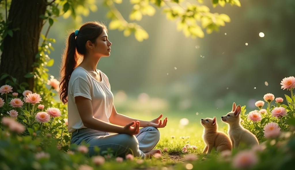 A peaceful scene of an empath sitting quietly in a lush, tranquil garden, practicing meditation while soft light filters through the trees. The empath’s face shows a calm, centered expression, surrounded by gentle animals and blooming flowers, symbolizing harmony with nature and self-care. -ar 16:9