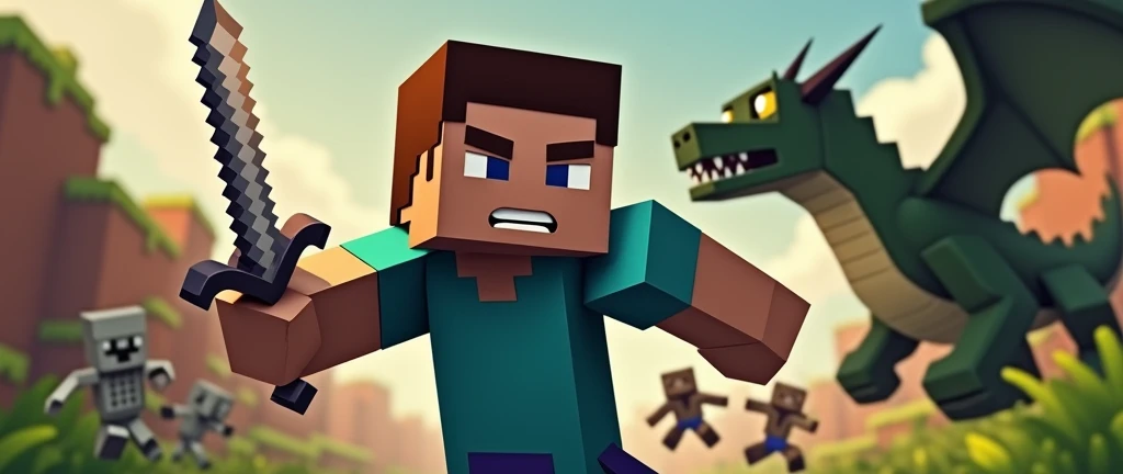 boy with brown hair, Eye Brown, and small diamond earring, com terno preto, minecraft style, with a sword, Fighting with a dragon, A zombie, a spider, and a skeleton.