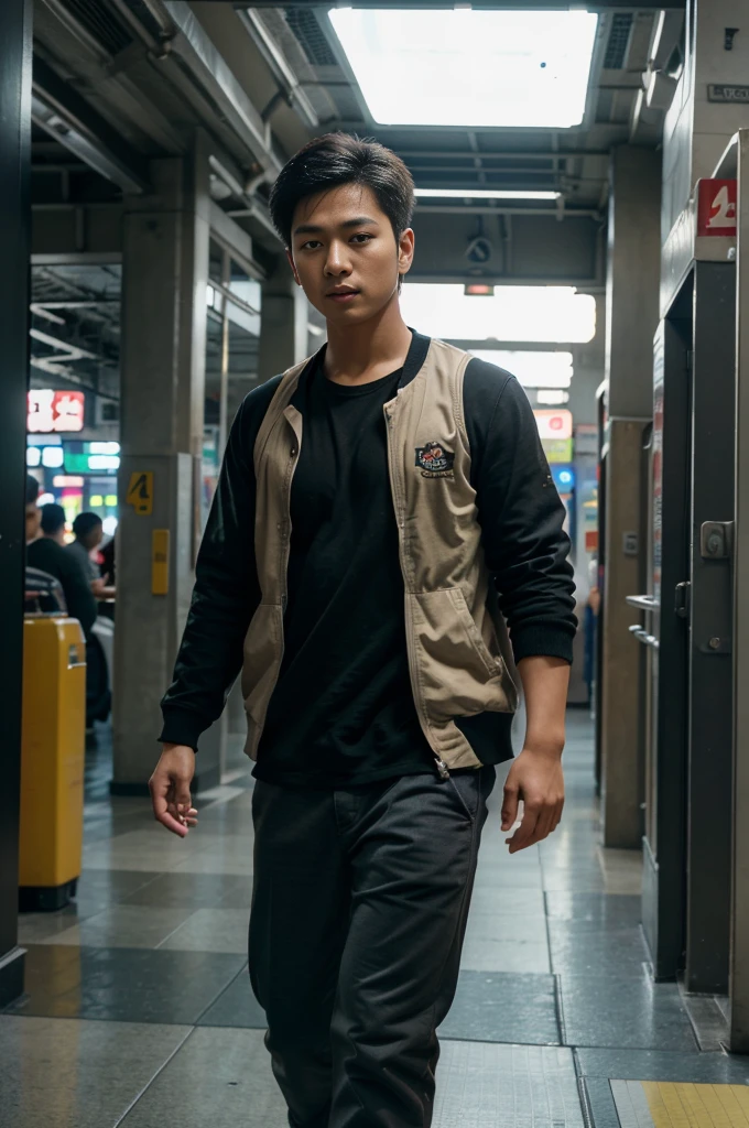 a cute young asian boy wearing only a cardboard box, walking confidently in a Seoul central bus station, detailed realistic portrait, ultra-detailed, (best quality,4k,8k,highres,masterpiece:1.2),ultra-detailed,(realistic,photorealistic,photo-realistic:1.37),HDR,UHD,studio lighting,ultra-fine painting,sharp focus,physically-based rendering,extreme detail description,professional,vivid colors,bokeh,cinematic lighting,dramatic shadows