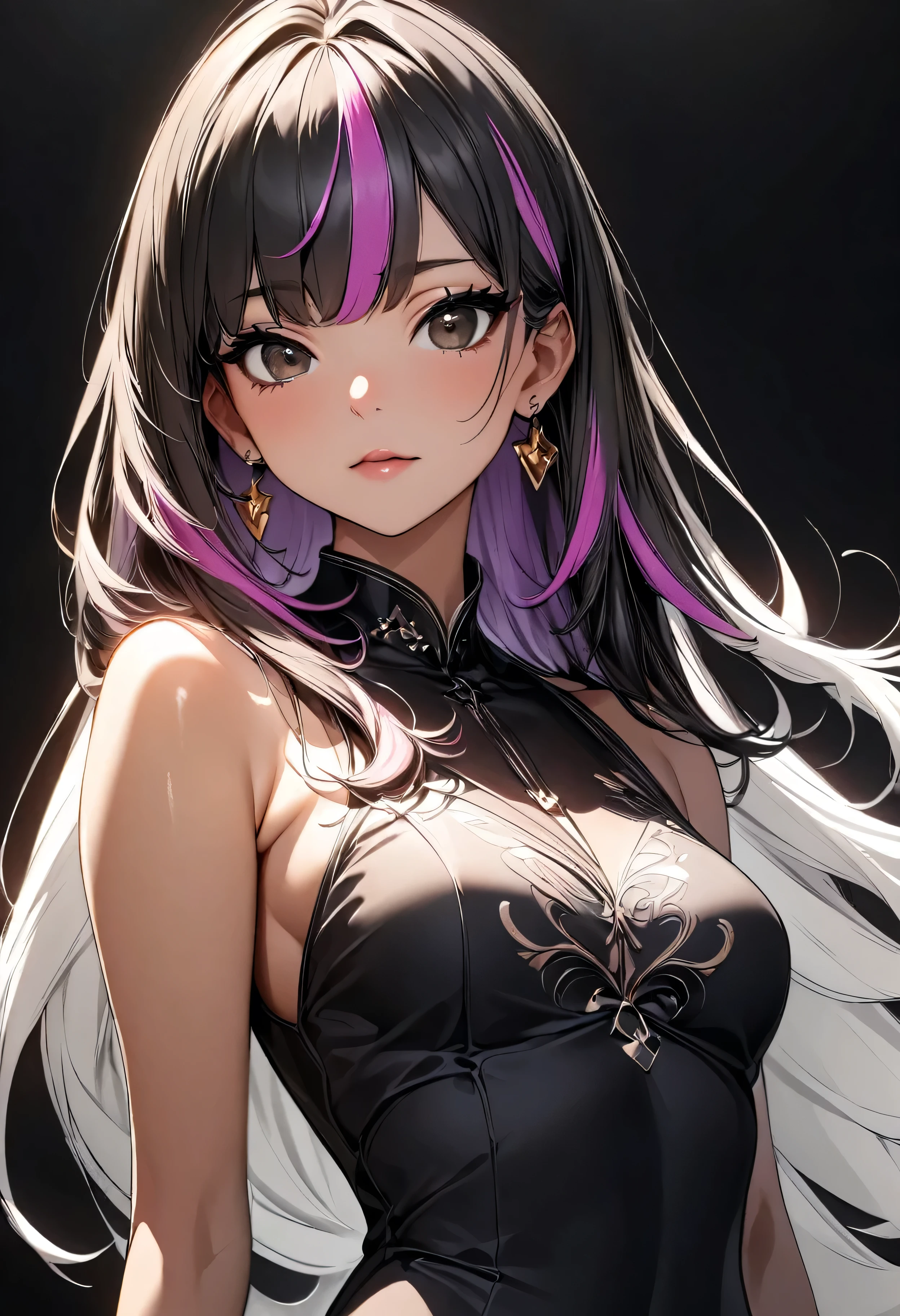 (highest quality:1.2, Very detailed, up to date, Vibrant, Ultra-high resolution, High Contrast, masterpiece:1.2, highest quality, Best aesthetics), Portraiture、girl、((25-years-old:1)), long hair、black and purple ((streaked hair:1.6)), highlights hair: 1.5, brown eyes, gold earrings, ((slim body:1.4)), (small breast:0.7), (dark skin:0.7)), black Cheongsam, Beautiful fine details、Bright colors、Beautiful lip detail, standing, (Floral Fineline tattoo design on left arm:1), ((Plain black background:1.6)), lineart, ((monochrome:1.7)), (cowboy shot), clean line drawings,