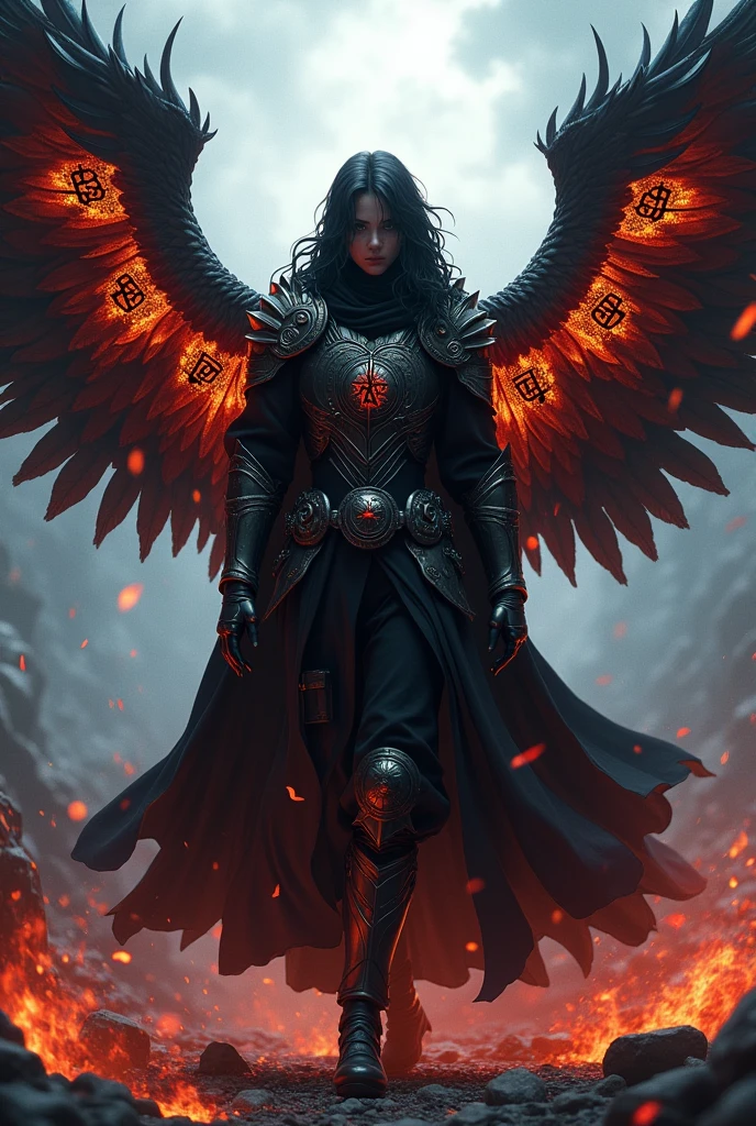 Madara Uchiha warrior with diamond wings and Hebrew letters written on them and an aura of black fire and a bloody armor and his black and wavy hair with a hood that covers his face and emanates a heavenly power