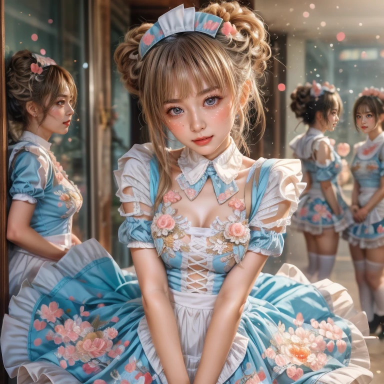 SFW, (Extremely Detailed((Kawaii Maid Group in a row:1.37))), Childish perfect face, Reflective Eyes, Detailed(Delicate Clothing textures), Dynamic Joyful Expressions LifeLike Rendering, (Specular Reflection:0.2), TopQuality 8K Ultra-detailed masterpiece (ProfessionalPhoto:1.37), (Acutance:0.8), (Luminism:1.28), (Renaissance art style), (Light particles:0.75), (Muscle:-0.5), ((Full body from side)) 