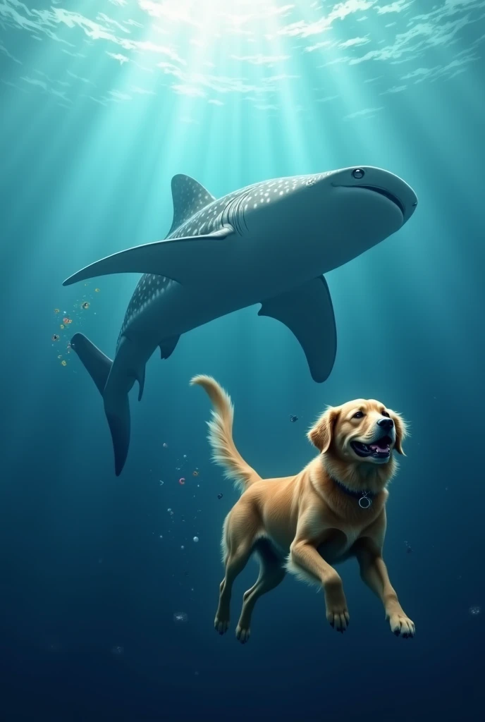 Golden retriever swimming with whale shark