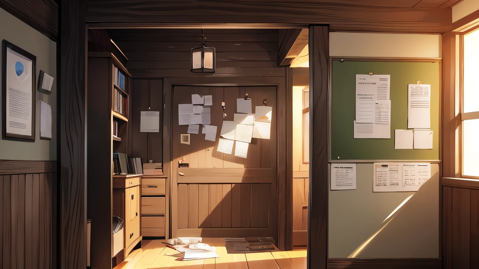 (Visual novel perspective) A wall with papers stuck on it with monster hunting missions, something like the quest wall of an adventurer's guild.