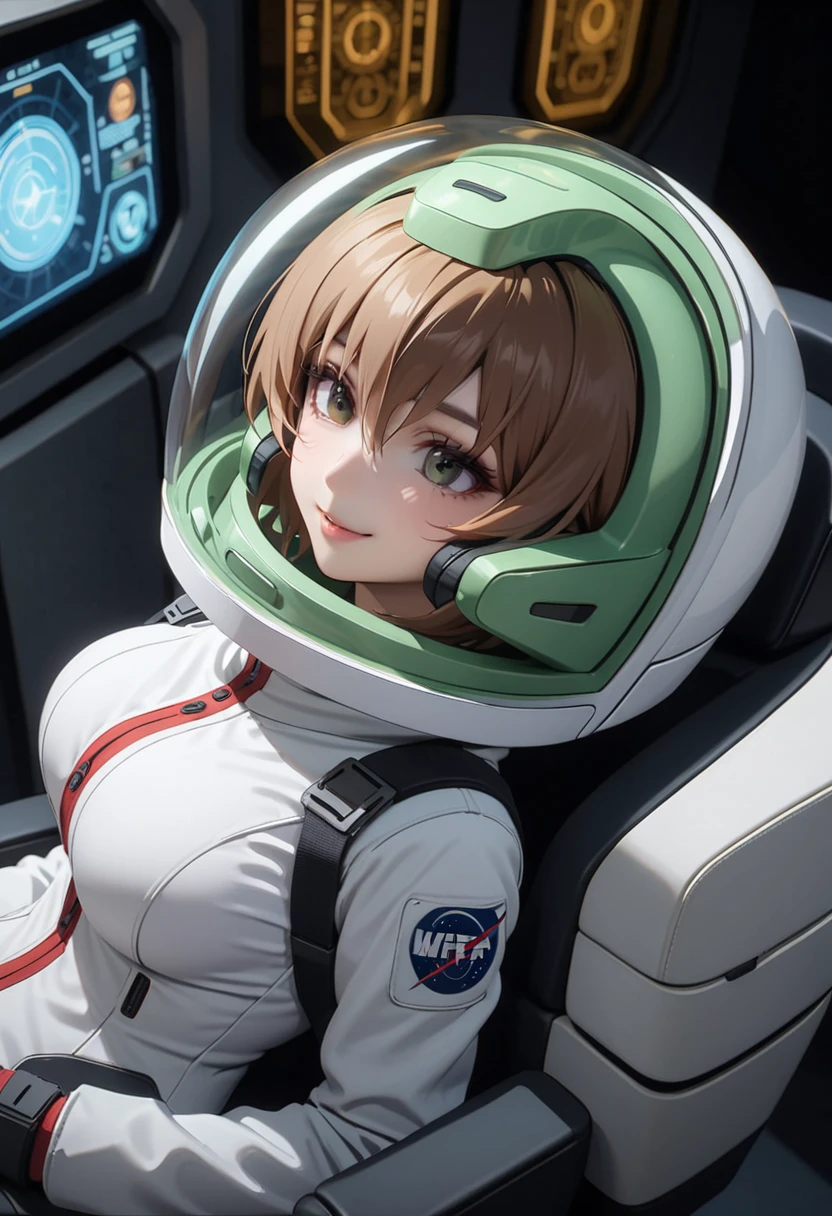 eva helm, spacesuit , astronaut), bubble helmet, space helmet, (1girl:1.1) wearing a (spacesuit:1.15), white cargo pants, (ugh, wtf do these buttons do:1.3), inside the cockpit of a (futuristic spaceship:1.1), sitting in the captains chair, (intricate control panels:1.3), (gleaming metal:1.1), surrounded by many buttons and dials and gauges, (smile:1.1), concerned, beautiful 8k wallpaper, highly advanced, (sleek design:1.3), intricate, highres, superb, 8k wallpaper, extremely detailed, intricate, short hair, , full body,big breasts, from above, from side
