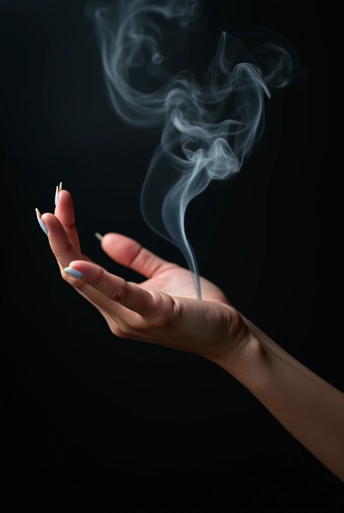 Smoke coming out of a woman's palm on a dark background