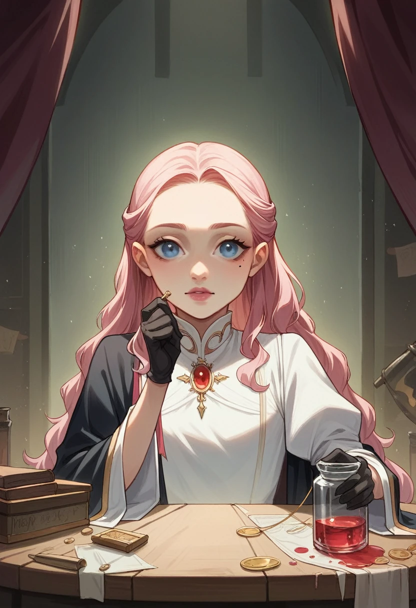 Best quality,Masterpiece,Pink loose long hair,Blue eyes, White dress,Black robe,Ruby jewerly ornaments,Upper body,Small-short body,Fair skin,Mole under left eye,pink lips,Black gloves,A young girl,10 years old,Stood up across the table,Surroundings by a lot potions and bottles of magic,Dark room with only one light