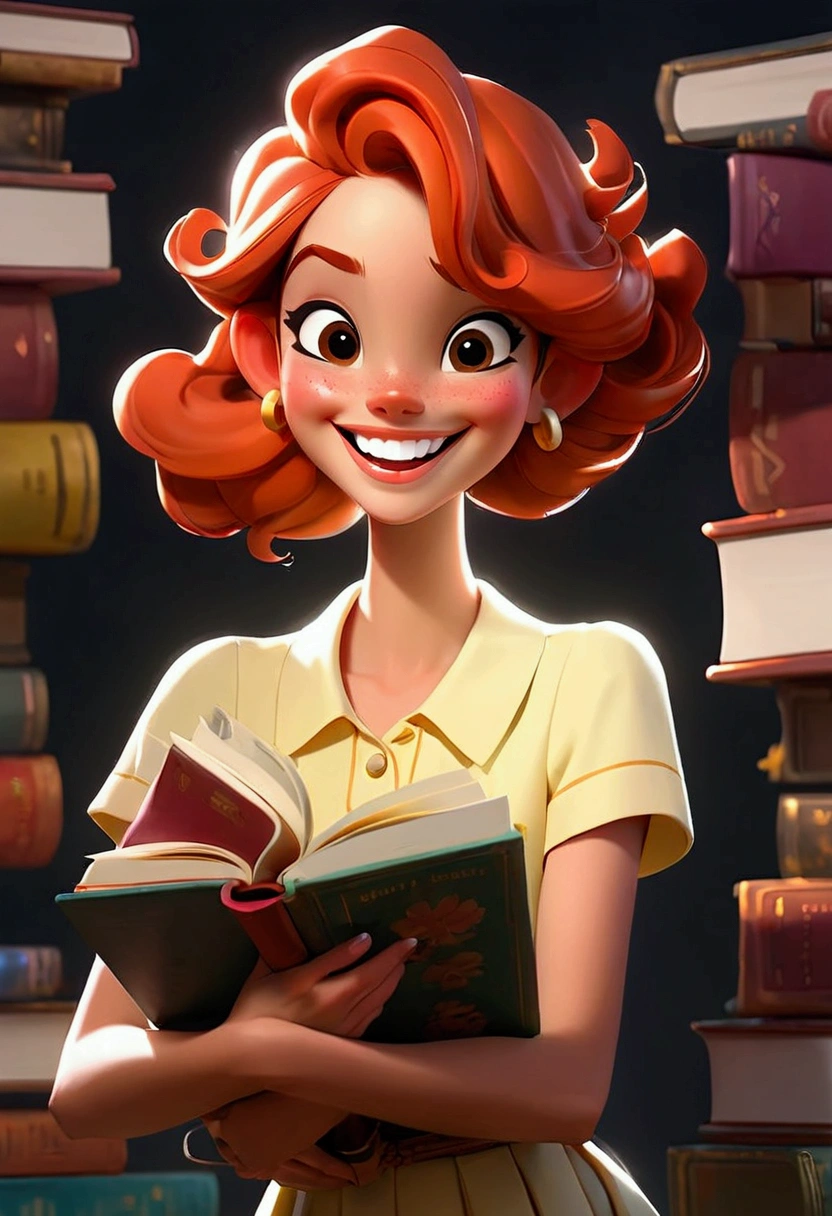 A happy young woman, happy and smiling holding a bright books