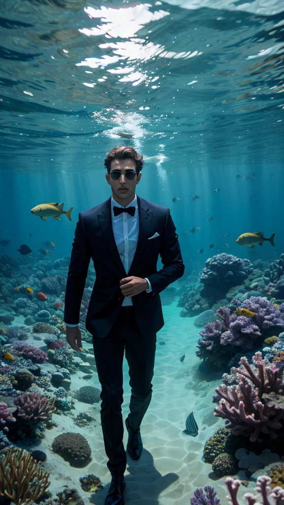 Handsome man walk underwater
