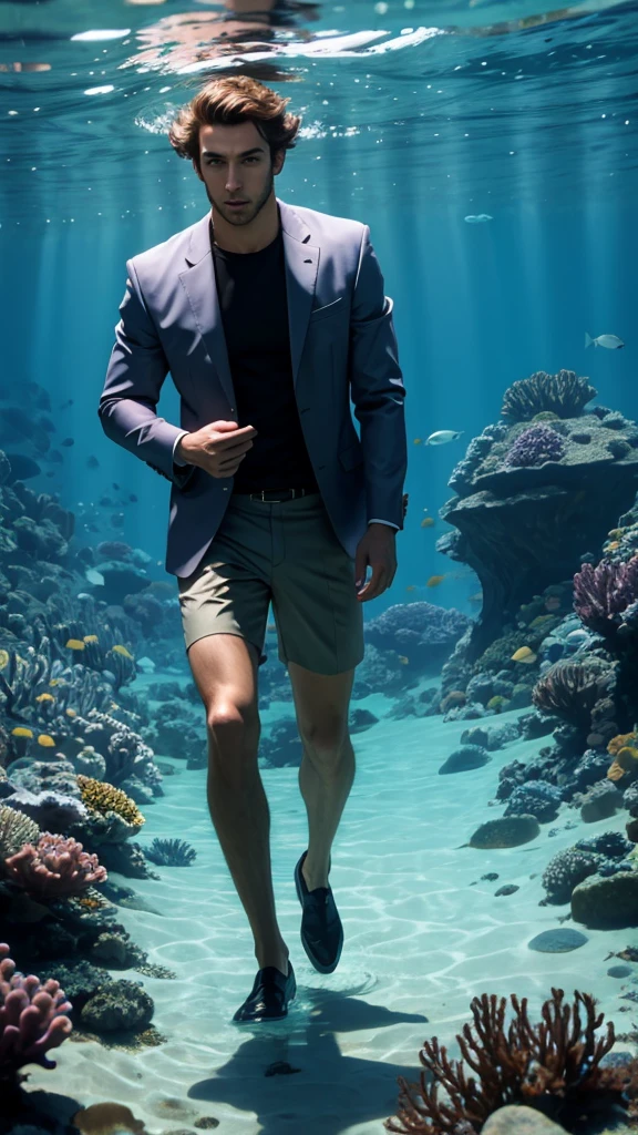 Handsome man walk underwater