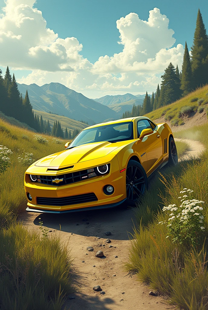 A panel A yellow Camaro car on its side in a landscape In drawing