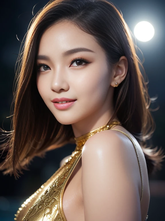 Latex bodysuit、Knee-high boots、Huge 、Long brown hair、Shiny, Oily skin、Glowing Skin、Indoor competition pool、White skin、 Body Portrait, 8k, Narrow and beautiful eyes, Dindal effect, masterpiece, 最high quality, high quality, High resolution, Very detailed photos, (Natural skin texture, Fine skin, Hyperrealism, Ultra Sharpness) , Skin with attention to detail, (Very fine, Fine skin texture, Intricate details, Beautiful Face, (A vivid face), Realistic eyes, Beautiful and detailed, Realistic Skin, Beautiful Skin, surreal, Very detailed, Golden Ratio, Smiling Eyes, ((Night moonlight background)), Body Portrait, glamorous, Shiny Bodysuit