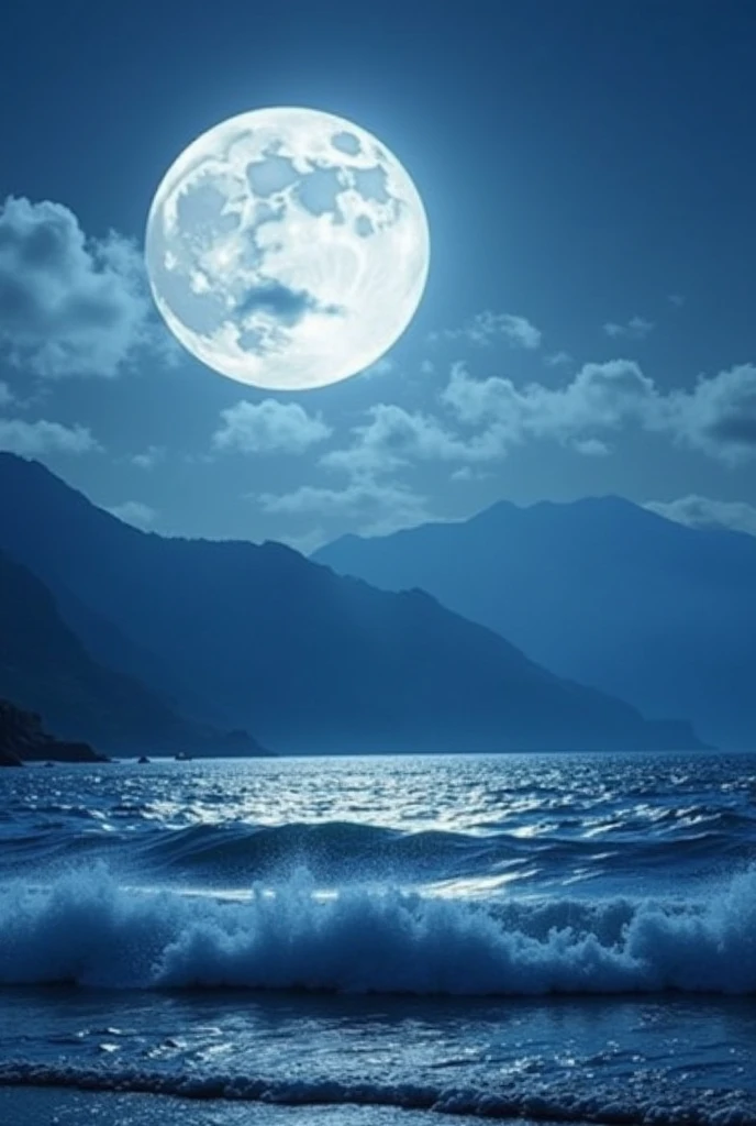 wallpaper 2048x1152, wide sight, ocean, mountainscape, clouds, fullmoon