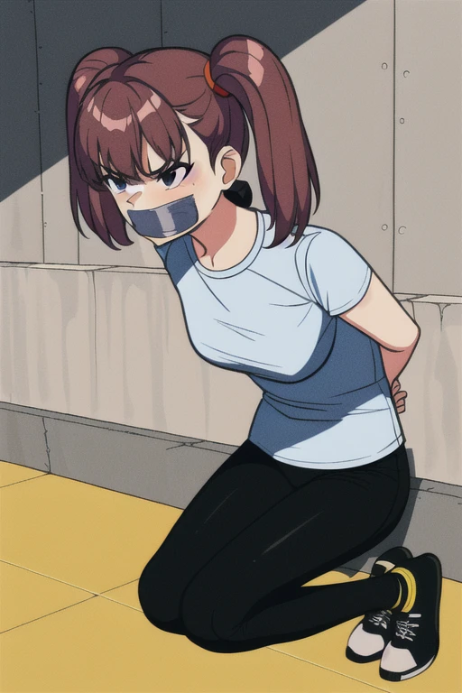 ((2 girls)), ((twin tails)), (sexy),  ((simple_background)), ((concrete floor, concrete wall)), ((underground room)), ((arms behind back)), ((scowl)), ((sitting on the knees)), ((tape gag)),  ((helpless)), ((calm)), ((struggling)), (t-shirts ,tights pants, long black pants)