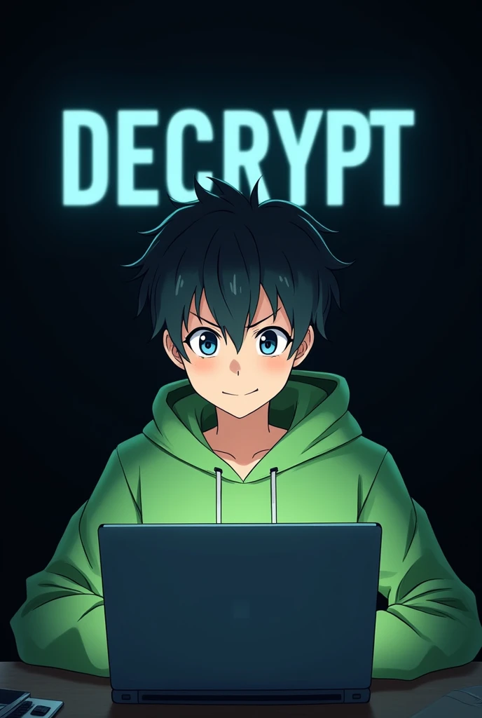 A person with smile using a laptop wearing green jacket pic from the front behind him is a black wall on which DECRYPT in white fonts is written and person is anime looking at the laptop pic is look like taken from front