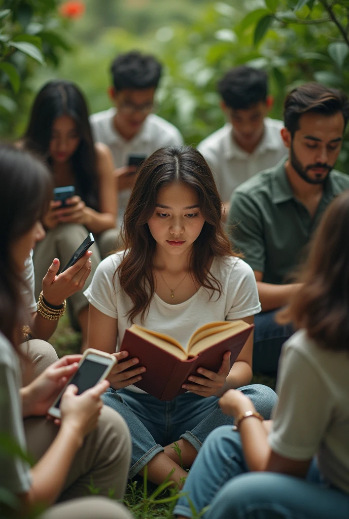 A girl between 19 and 21 years old with a book in her hands and a thoughtful expression, sitting in a garden with other people around her, these people are of different ethnicities, wearing the same clothes and with cell phones in their hands, trapped in their own world