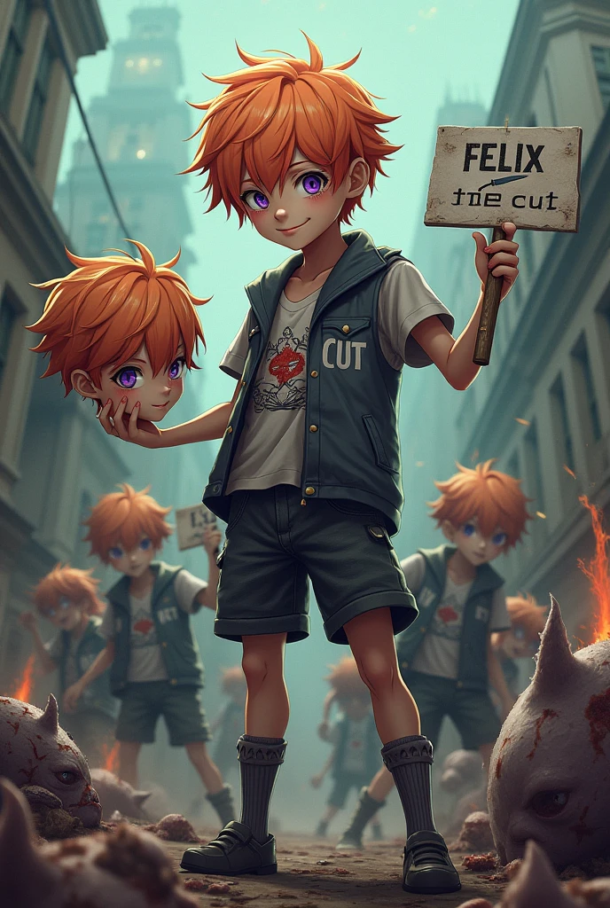 This image has to be in anime, a headless boy. He is holding his head in his left hand. He has orange hair and purple eyes. He is smiling beautifully. He is wearing yellow and brown clothes that say Cut with a drawing of a machete. He is without his right arm. He is in a battle zone with several clones of him fighting monsters. He has a sign that says his name, Felix the Cut. This sign is stuck inside his body, going through it.