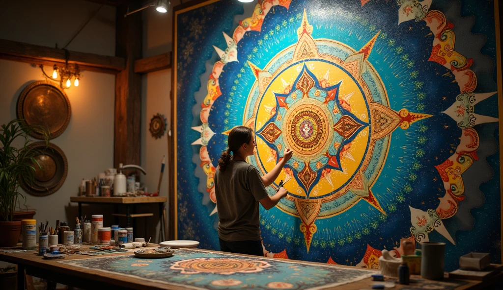 An artisan in a beautifully lit studio, finishing a large, intricate mural that blends celestial symbols with earthly beauty. The artisan’s face shows deep concentration and joy, surrounded by tools, paints, and other artistic elements. The atmosphere is one of creative flow and divine inspiration. -ar 16:9