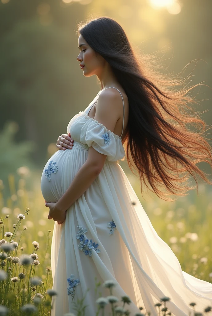 a beautiful woman with long black hair, I was 39 weeks pregnant, She wore a long white dress with a blue flower design on the bottom with short sleeves and an open back.