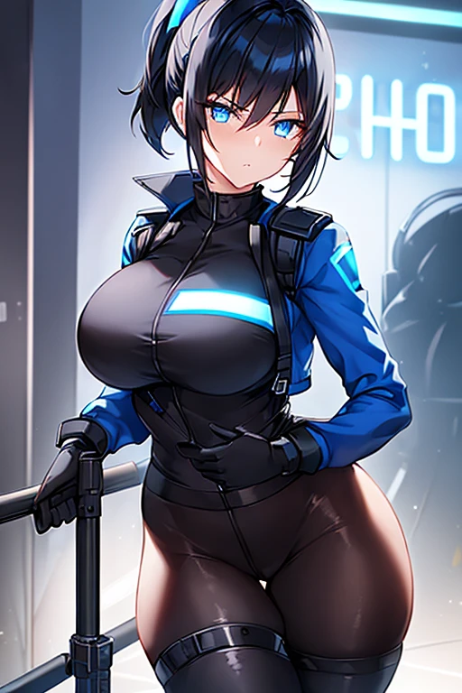 1girl, black hair, short hair, ponytail, long ponytail, blue eyes, large breasts, thick thighs, toned, hourglass figure, serious, blue jacket, bodysuit, black bodysuit, policewoman, police hat, police, neon, neon trim, futuristic, science-fiction, machinery, tech