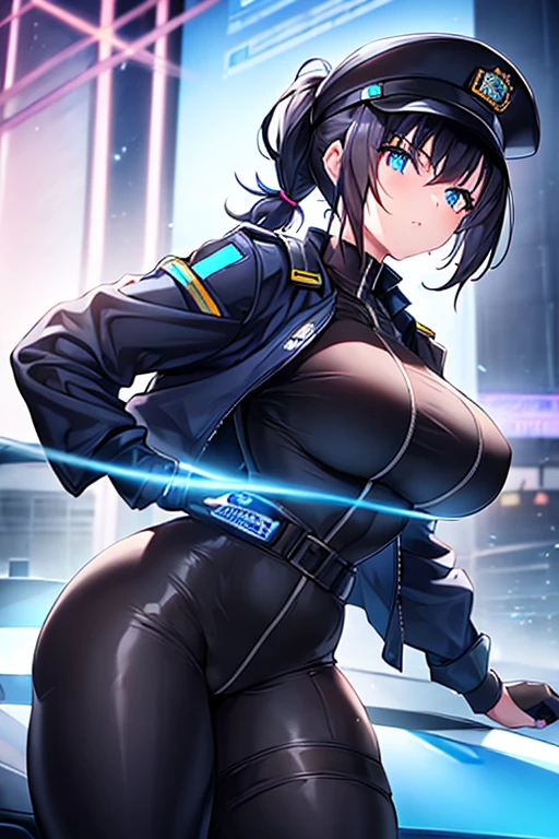 1girl, black hair, short hair, ponytail, long ponytail, blue eyes, large breasts, thick thighs, toned, hourglass figure, serious, blue jacket, bodysuit, black bodysuit, policewoman, police hat, police, neon, neon trim, futuristic, science-fiction, machinery, tech