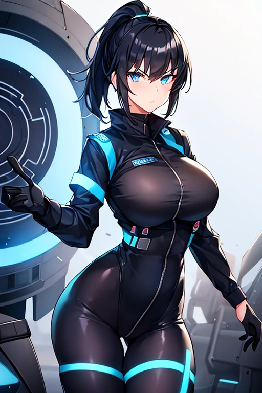 1girl, black hair, short hair, ponytail, long ponytail, blue eyes, large breasts, thick thighs, toned, hourglass figure, serious, blue jacket, bodysuit, black bodysuit, policewoman, police hat, police, neon, neon trim, futuristic, science-fiction, machinery, tech