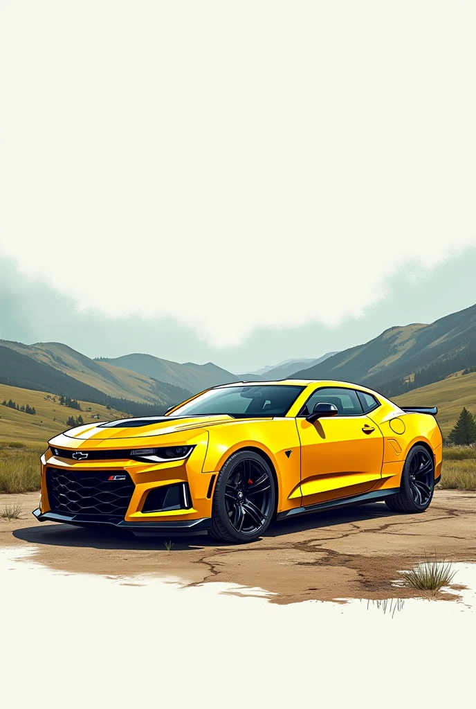 A panel A yellow Camaro car from the side zl1 in a landscape In drawing
