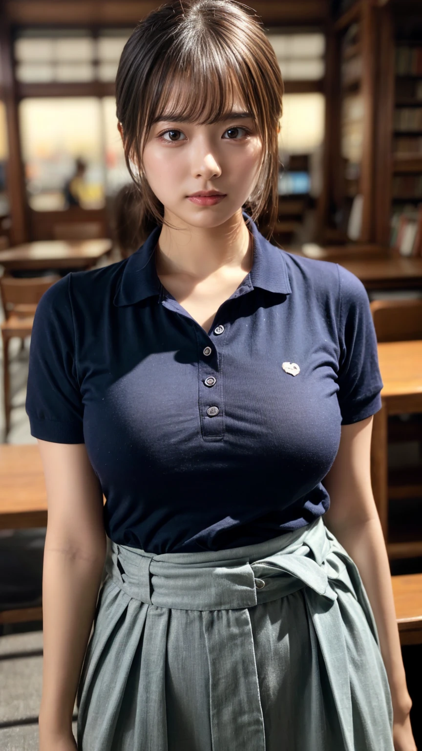 ((masterpiece))、((highest quality))、photograph、reality、High level image quality、Advanced depth of field、get used to it、realistic lighting、secretary、20 years old、delicate features、updo、Realistic background and accessories、big and full breasts、sexy lips、quiet and dark library、A tight polo shirt that expresses the roundness and softness of your chest..、unbutton、close、waist shot、troubled face、evening、attractive appearance、crying a little、cold gaze,