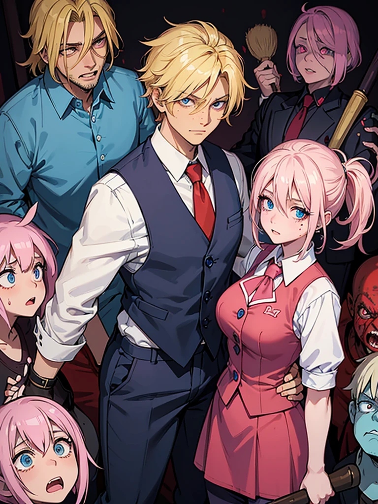 Cartoon style A blonde with two pink streaks on the side Blue eyes, dark skin and freckles on the face. 
social clothes (Red vest with dress shirt and dress pants underneath)
Pretty With a Baseball Bat in Her Hand. She is covered in blood and has an evil look in her eyes, she is injured and has just killed a zombie made entirely of blood.