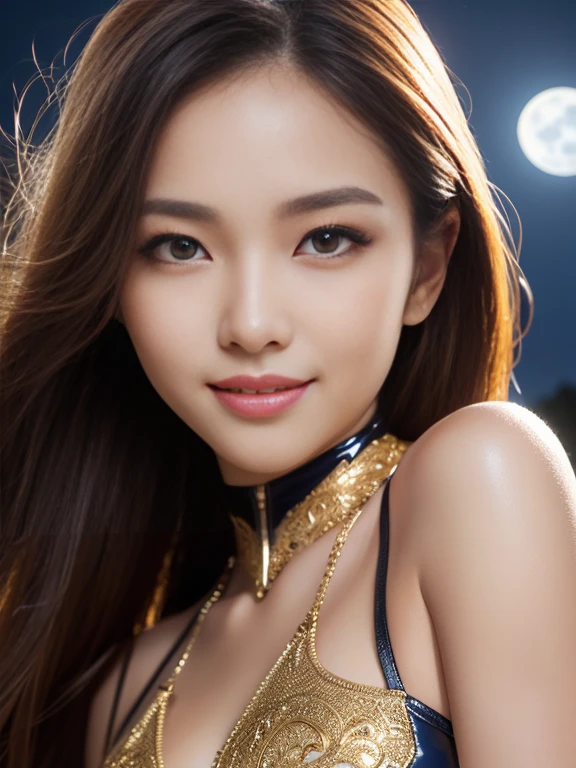 Latex bodysuit、Knee-high boots、Huge 、Long brown hair、Shiny, Oily skin、Glowing Skin、Indoor competition pool、White skin、 Body Portrait, 8k, Narrow and beautiful eyes, Dindal effect, masterpiece, 最high quality, high quality, High resolution, Very detailed photos, (Natural skin texture, Fine skin, Hyperrealism, Ultra Sharpness) , Skin with attention to detail, (Very fine, Fine skin texture, Intricate details, Beautiful Face, (A vivid face), Realistic eyes, Beautiful and detailed, Realistic Skin, Beautiful Skin, surreal, Very detailed, Golden Ratio, Smiling Eyes, ((Night moonlight background)), Body Portrait,  glamorous, Shiny Bodysuit