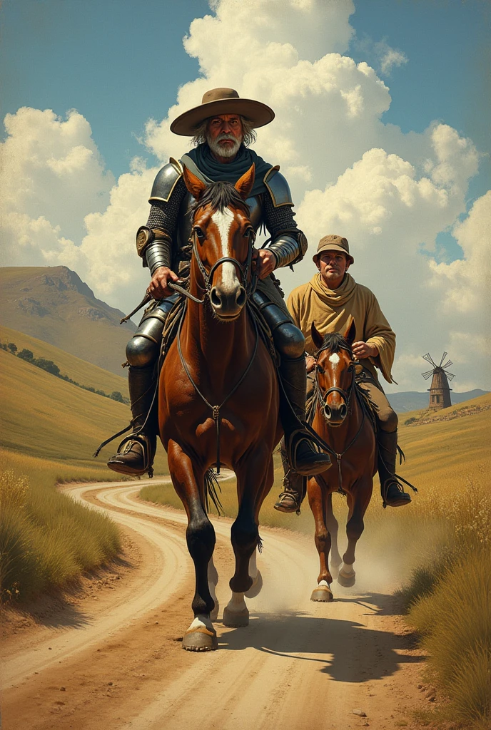 Generate a triangular shaped image of Don Quixote and Sancho Panza
