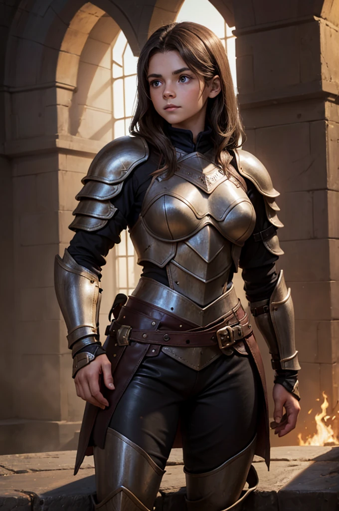 A dragon scaled fair young 12 yeras old brunette girl wearing leather light armor