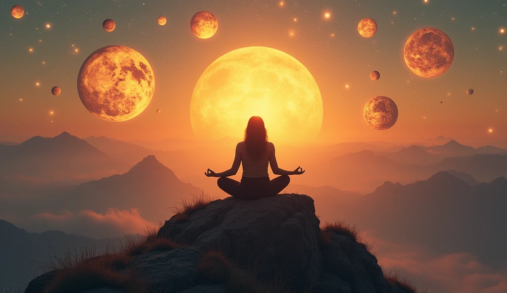 A mystic sitting cross-legged on a serene mountain peak, surrounded by floating, glowing zodiac symbols and planets. The mystic is deep in meditation, with a peaceful expression as the sun rises, casting a golden light over the landscape. The atmosphere is one of enlightenment and connection with the universe. -ar 16:9