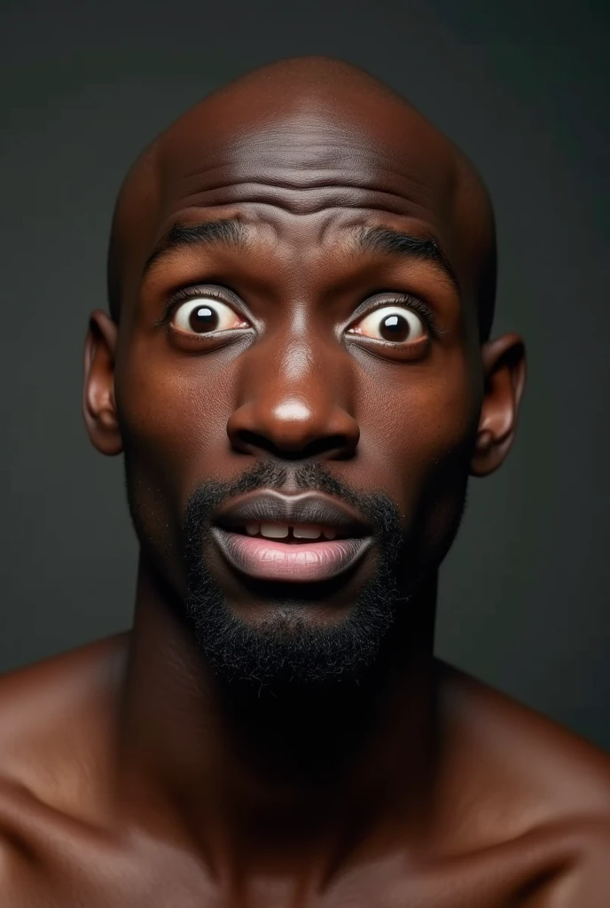 bald black man,sound ,  with bulging eyes, approximately 22 years old with a surprised face and thick lips, big nose, It&#39;s practically a meme