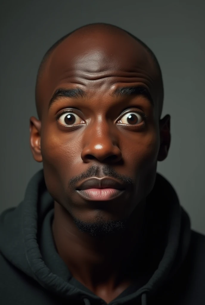 bald black man,sound , with bulging eyes, approximately 22 years old with a surprised face and thick lips, big nose, It's practically a meme