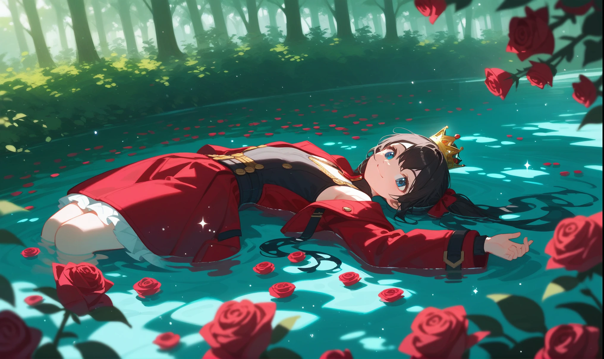 1 young girl，Black twin ponytails，Blue Eyes，Crimson coat，Lying in the water，The water surface sparkles，Water Rose，Beautiful light and shadow，Sunlight，forest，Rose field，Smiling light particles，Highest quality，Gold crown in water，（Black hair）