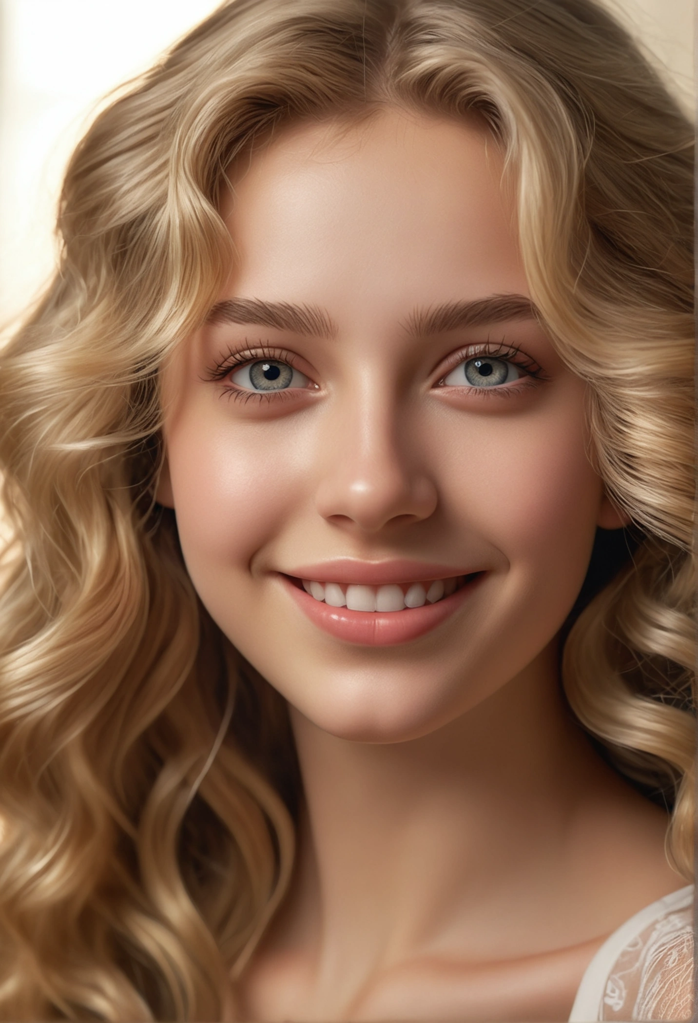 A beautiful 20 year old girl with wavy blond long hair, no clothes, smiling, (best quality,4k,8k,highres,masterpiece:1.2),ultra-detailed,(realistic,photorealistic,photo-realistic:1.37),detailed eyes,detailed lips,extremely detailed face and eyes,long eyelashes,intricate details,warm lighting,soft focus,delicate colors,elegant,fashionable,sensual,charming