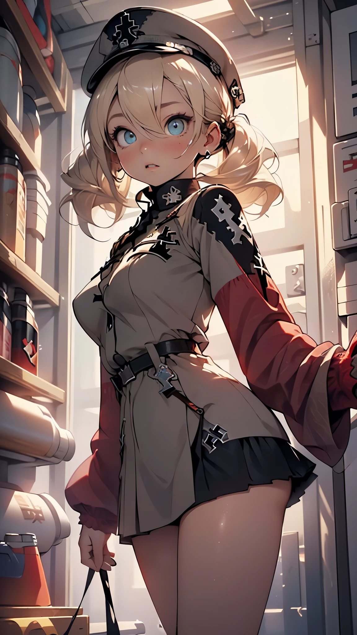 1girl,15 years old
(small breasts:1.4),((((blonde hair, long hair, low twintails,hair between eyes,twintails, )))),(((aqua_eyes:1.3))),intricate eyes,beautiful detailed eyes,symmetrical eyes,big eyes:1.5,((((lustrous skin:1.5,tanned skin,bright skin: 1.5,skin tanned,shiny skin,very shiny skin,shiny body,Reflective skin)))),(bimbo,spider lower abdomen,narrow waist,wide hip,athletic body,inflated legs,thick thighs,(detailed face)),beautiful detailed lips,(((scar on cheek))),(perfect slim body),((short stature)),
cute,slutty,sensual,seductive look,seductive,((erotic)),opulent,sumptuous,((nsfw)),
(black skirt,pleated skirt,skirt,), (white gloves),(gray headwear, hat,peaked cap), ((long sleeves,military uniform, mini skirt,uniform, (iron cross in sleeves:1.5), (red sleeves:1.5))), (bare legs),
(flirtatious pose:1.3), looking at viewer,embarrassed,centered,scale to fit dimensions,Rule of thirds,
indoor((Nazi bunker,room, dark bunker, swastika,depths of a steampunk bunker)),scenery:1.25,((intricate scenery)),
(Glossy steampunk ornaments),highres,sharp focus,(ultra detailed,extremely detailed),(photorealistic artwork:1.37),(extremely detailed CG unity 8k wallpaper),(((vibrant colors,vibrant theme))),(intricate),(masterpiece),(best quality),artistic photography,(photography taken by sldr),(intricate background),perfect rendered face,perfect face details,realistic face,photo realistic,((intricate detail)),(((realism))),